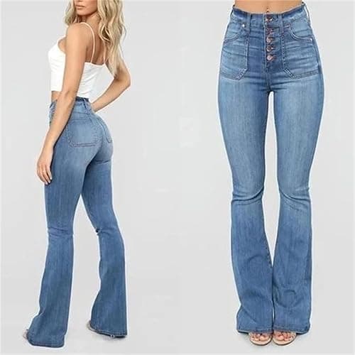 Kaxiya2021 Women's Button Fly Flare Jeans High Wide Leg Fitted Denim Pants Versatile Mid Rise Slim Boot Cut Denim Trousers thumbnail 5