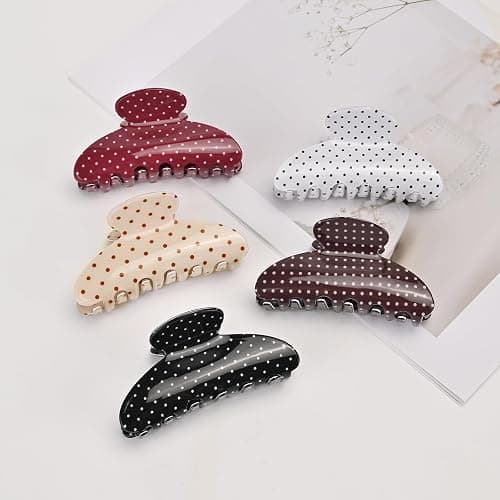 Polka Dot Hair Claw Clip for Women, Lightweight Acrylic Non-Slip Jaw Clip, Small Medium Strong Hold for Thin Hair, Elegant French Style Hair Accessories for Updo Bun Half Up Styles - Beige thumbnail 7