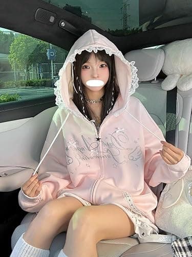 Xojbzoo Y2K Kawaii Bow Lace Trim Zip Hoodie Oversized | Lace trim hood & pockets, adjustable drawstring bows, coquette aesthetic, black blue pink colors, soft cotton blend thumbnail 2