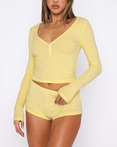 REVETRO Fall Womens 2 Piece Pajama Sets Sexy PJ Shorts Y2k V Neck Long Sleeve Lounge Set Sleepwear with Button Down thumbnail 2