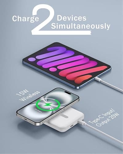 podoru for Magsafe Battery Pack, 5000mAh Magnetic Power Bank with Type-C Cable 20W PD Fast Charging Lighting Input Wireless Portable Charger for iPhone 17/16/15/14/13/12/ All Series-Snow White thumbnail 5