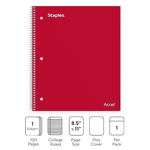 Staples Accel 1-Subject Notebook, 8.5x11 Inch, College Ruled, Red | 100 sheets for school, office, and everyday note-taking and writing. thumbnail 3