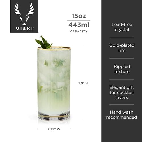 Viski Meridian Highball Glasses Set of 2 - Vintage Drinking Glass, Art Deco Ripple Glassware Design, 15oz Gold Rimmed Collins Glasses Set thumbnail 3