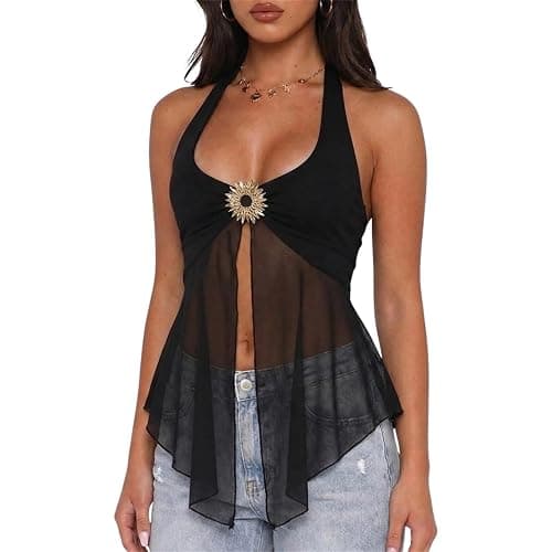 Usweetie Women Y2K Sexy Sheer Mesh Flowy Halter Top - Image 1