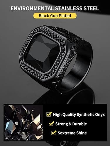 ChainsHouse Mens Black Onyx Rings, Retro X Bone Skull Stainless Steel Signet Rings for Men, Black Onyx Agate Gemstone Rings Jewelry, Offer Custom Service, Size 7-14 thumbnail 3