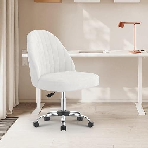 naspaluro Small Swivel Makeup Vanity Chair, Velvet Dressing Table Chairs, White Comfy Desk Chairs for Bedroom/Home Office, Armless Cross Legged Office Chairs with Wheels, Spinning Salon Study Stool - Image 1