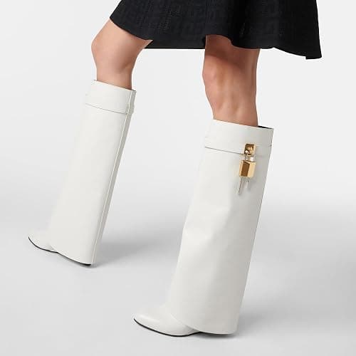 Arqa Fold Over Knee High Boots for Women Covered Wedge Heel Shark Boots Pull-on Wide Calf Boots Fashion Party Almond Toe Booties thumbnail 4