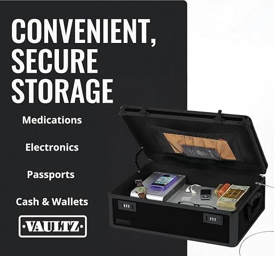 Vaultz Storage Lock Box - 6.5 x 19.25 x 13.5 Inch Lockable Dorm Storage Trunk with Combination Lock - Briefcase, Medicine Box, Lock Boxes for Personal Items, Cash, Laptop - Black on Black thumbnail 4