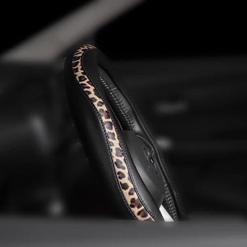 Road Comforts Steering Wheel Cover - Flat Bottom Wheel Cover Made with PVC Leather and Leopard Fabric - Universal Fit for 15-Inch D-Shaped Automotive Steering Wheels (Black Color) thumbnail 3