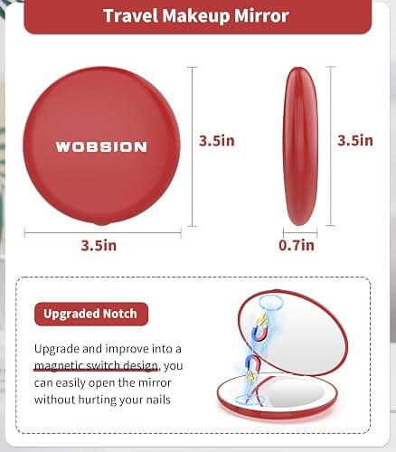 wobsion Travel Mirror with Light, 1x/10x Compact Magnifying Mirror,Handheld 2-Sided Pocket Mirror,Led Small Makeup Mirror,3.5in Compact Mirror for Purses,Travel Size Mirror for Handbag,Gift,Wine Red thumbnail 2