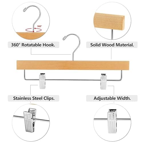 AMKUFO 20pcs Wooden Pants Hangers Solid Pants Hanger with Adjustable Clips 14 Inch Natural Wood Skirt Hangers Trousers Bottom Hanger with Non-Slip Clips and 360° Swivel Hook - Natural thumbnail 5
