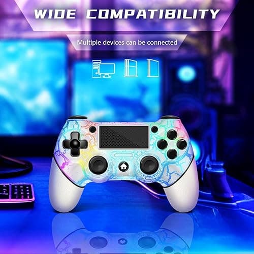 AceGamer Wireless Controller for PS4, White Crack Custom Design with RGB Light,1000mAh Battery and 3.5mm Audio Jack, V2 Gamepad Joystick Compatible with PS4/Slim/Pro and Windows PC! (White-Light Up) thumbnail 6