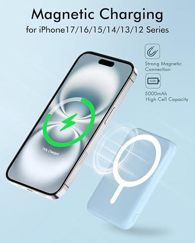 podoru for Magsafe Battery Pack, 5000mAh Magnetic Power Bank with Type-C Cable 20W PD Fast Charging Lighting Input Wireless Portable Charger for iPhone 17/16/15/14/13/12/ All Series-Sierra Blue thumbnail 3