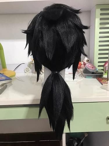 GZIRUE Giyu Giyuu Tomioka Wig Cosplay Black Fluffy Spiky Hair Costume Wig with Ponytail Wig Cap thumbnail 6