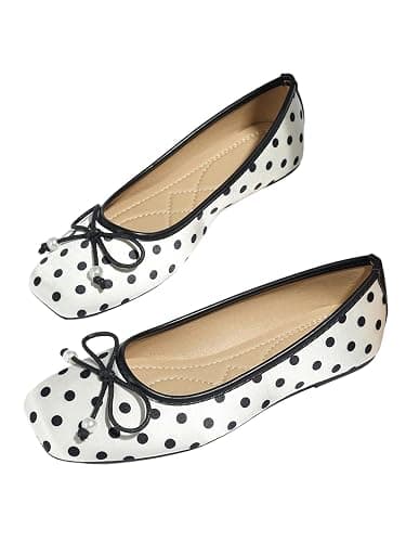 MakeMeChic Women's Bow Knot Polka Dots Flat Shoes Beaded Closed Toe PU Leather Spring Summer Flats - Image 1