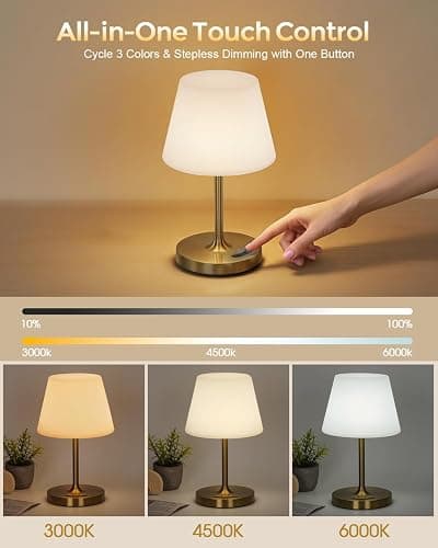 Outdoor Battery Operated Table Lamp, IP54 Waterproof Shower Lamp, 4000mAh Rechargeable Cordless Lamp, 3 Color Temperatures Dimmable, Small Touch Table Lamp for Bedroom, Patio, Camping, Restaurant thumbnail 4