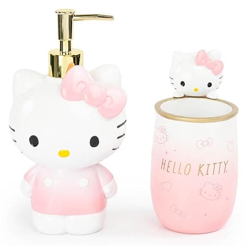 Jay Franco Hello Kitty Tumbler and Soap Dispenser Set - 2 Piece Pink Collection Includes Resin Lotion Pump and Cup - Bathroom Décor - Image 1