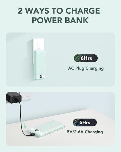 VRURC Portable Charger Built-in Cables and AC Wall Plug, USB C Power Bank 10000mAh, Travel Battery Portable Phone Charger Compact Lightweight External Battery Pack for Smart Phones, Tablets etc-Green thumbnail 5