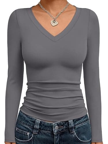 Trendy Queen Long Sleeve Shirts for Women 2026 Fall Fashion V Neck Basics Crop Tops Slim Fitted Y2K Tops Outfits Clothes - Image 1