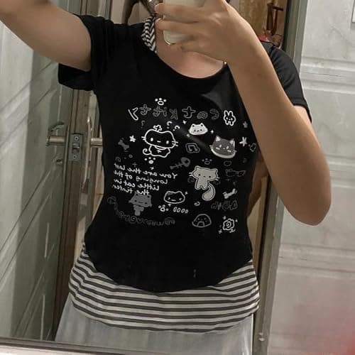 Kawaii Cutecore Harajuku Y2k 2000s Tops Summer Preppy Aesthetic Alt Goth Emo Short Sleeve Graphic Tees thumbnail 5