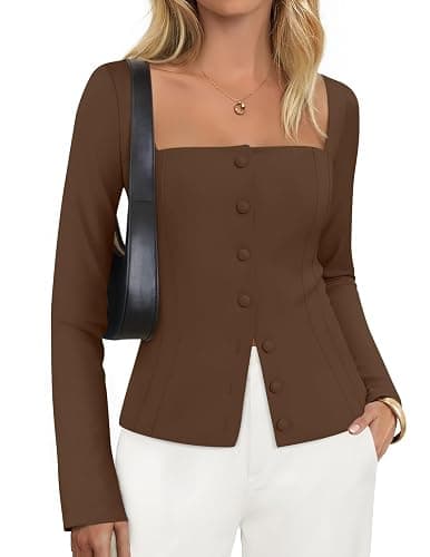ZESICA Women's Fall Square Neck Blazers 2025 Casual Long Sleeve Button Up Work Business Fitted Blazer Jackets - Image 1