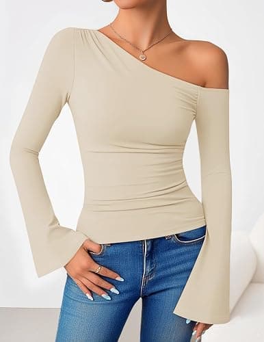 ZESICA Women's Off Shoulder Bell Long Sleeve Going Out Tops | Fitted T-Shirt, Asymmetrical Top, Ruched, 2026 Fall Fashion, Trendy Tops, Date Night, Y2K Outfits, Business Casual, Clothes thumbnail 4