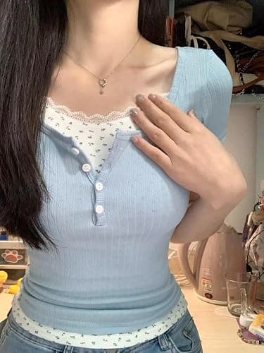 Women Lace Trim Y2K Cute Tshirt Coquette Floral Summer Ribbed Knit Crop Top Fairycore Baby Tees Cottagecore 90s Shirt thumbnail 4