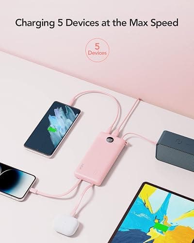 VRURC Portable Charger Power Bank, 10000mAh Travel Essentials Battery Pack, 5 Outputs 2 Inputs Slim Charging Bank Built-in Cables Cords Wires Compatible with iPhone,Samsung,Android-Pink(1 Pack) thumbnail 4