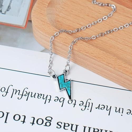 Natural Turquoise Necklace Boho Western Necklaces Jewelry for Women Men Bull Head Cow Tag Horseshoe Necklace Hippie Accessories Cross Ligtning Bolt Bar Pendant Necklace 90S Cowgirl Jewelry 4 Pieces thumbnail 3