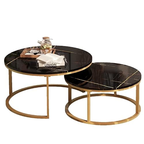 WiberWi Round Coffee Table Nesting Tables Set of 2, Large : Ø 34.0", Small : Ø 26.0", Modern Design Coffee Tables for Living Room, Gold Metal Frame Circle Cocktail Table, High Glossy Faux Black Marble - Black Faux Marble thumbnail 9