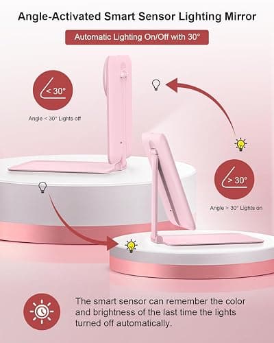 Gospire Travel Makeup Mirror with Lights and Magnification 10X, Portable Make Up Compact Tabletop Mirror with Adjustable Stand, 3 Colored Lights Rechargeable Lighted LED Vanity Mirror - Pink thumbnail 3