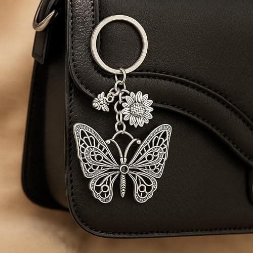 Vintage Butterfly Keychain - Antique Silver Floral Key Chains for Women, Rustic Bee & Flower Bag Charms, Boho Gift thumbnail 4