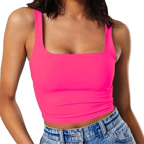 Artfish Women's Sleeveless Strappy Tank Square Neck Double Layer Workout Fitness Casual Basic Crop Tops - Image 1
