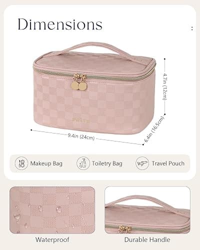 Prite Makeup Bag Portable Cosmetic Organizer with Brush Holder Waterproof Travel Toiletry Bag for Women with Handle and Divider (Checkered Pink) thumbnail 5