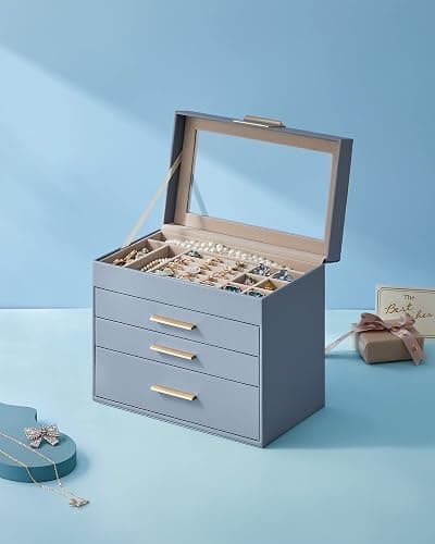 SONGMICS Jewelry Box Organizer with Glass Lid, 4-Layer Jewelry Storage, with 3 Drawers, Modern Style, 6 x 9.9 x 8.5 Inches, Smoky Blue and Gold Color UJBC161Q01 thumbnail 8