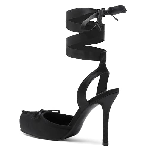 Riekhany Satin Ballet Heels for Women Closed Square Toe Bow Ballerina Heels Lace Up High Heel Slingback Pumps Strappy Stiletto Mary Janes Elegant Party Shoes thumbnail 4