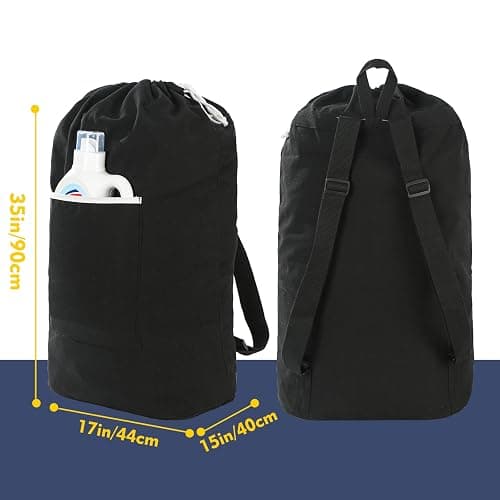 Canvas Laundry bag, Washable Laundry backpack, Adjustable Straps, Large Front Pocket, Drawstring Closure (BLACK, XX-Large) thumbnail 2
