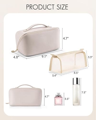 Vlando Large Capacity Travel Makeup Bag - Makeup Bag Travel Toiletry Bag for Women, PU Leather Waterproof Cosmetic Bag, Beige thumbnail 6