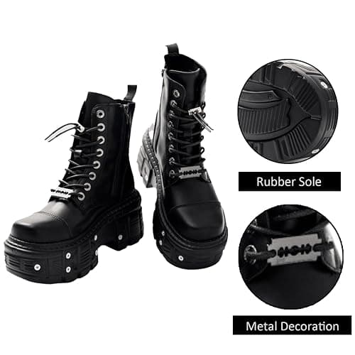 AZAGNEEM women platform Goth Ankle Boots with Studded Buckle Lace up Chunky Block Heels Lug Sole Punk Motorcycle Combat Boots Round Toe Waterproof Chunky Wedge Heel Rave Short Booties thumbnail 7