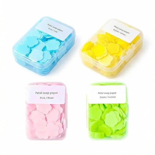 4 Different Scented Mini Fresh Portable Disposable Petal Hand Wash Sheets, Dissolvable Hand Bath Soap, Suitable for Children and Adults, Outdoor, Travel, Camping, 4 Boxes (Approx 400 Sheets) - Image 1