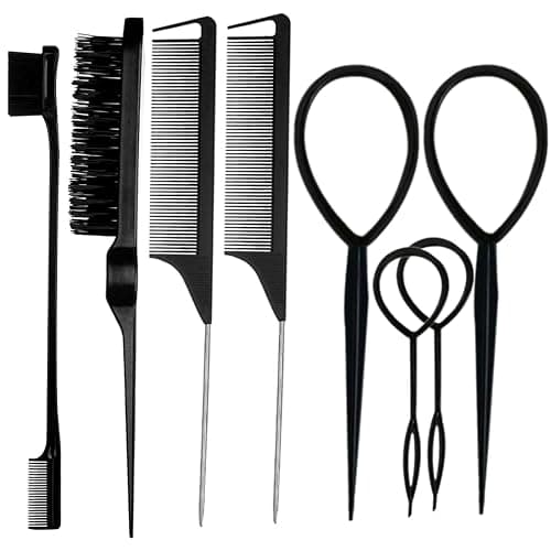ZVOREI 8Pcs Black Hair Brushes Set with 4Pcs Topsy Tail Tools, Teasing Bristle Brush, Edge Control Brush, and 2Pcs Metal Pin Rat Tail Combs for Women's Hair Styling and Brushing | 4Pcs Topsy Tail Tools, Teasing Bristle Brush, Edge Control Brush, 2Pcs Metal Pin Rat Tail Combs - Image 1