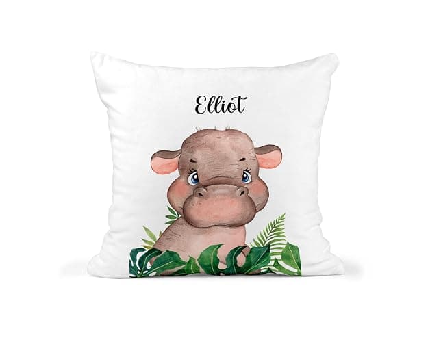 Custom Kids Jungle Cushion | Personalised Scatter Cushion | 100% Polyester Throw Pillow | Nursery Decor | New Baby Gift | 40cm x 40cm | Elephant, Giraffe, Tiger, Sloth, Zebra, or Hippo Design thumbnail 5