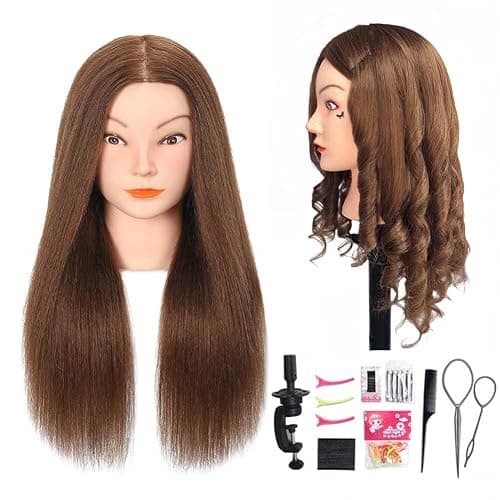 Opini Mannequin Head 100% Real Human Hair for Hairstyle Curling Practice | Cosmetology Manikin Doll Head 22-24" for Braiding Cutting, Ideal for Salon Hairdressers Barbers & Beginner Training (Brown) - Image 1