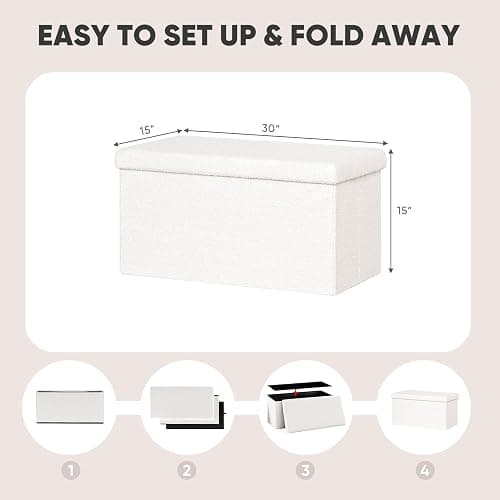 PINPLUS Folding Storage Ottoman Bench, Sherpa Ottoman with Storage, Large Long Shoes Bench Chest with Lid, Footrest for Living Room, Entryway, White 30'' x 15'' x 15'' thumbnail 3