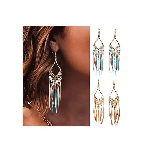 Efdagsad Bead Earrings Set Feather Tassel Gold Boho Ethnic Retro Bohemian Dangle Earring Bead Women Jewelry for Birthday Party Gifts - Image 1