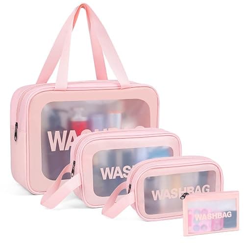 YuanCheng Upgrade Travel Toiletry Bags for Women, Pack-4 Different Size Make Up Bags with Handle, Large Capacity Translucent Waterproof Travel Cosmetic Bags (Comestic Bag-Pink) - Image 1
