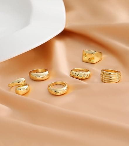 KOHOTA 6PCS Thick Dome Chunky Rings for Women 18K Gold Plated Braided Twisted Signet Ring Big Croissant Ring Minimalist Statement Ring Size 5-9 thumbnail 7