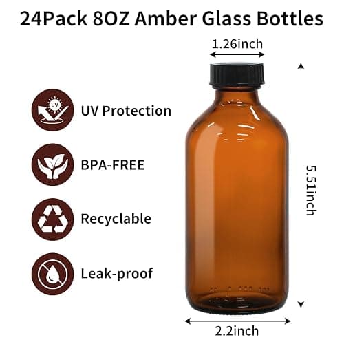 24 Pack 8oz Amber Glass Boston Round Bottles with Phenolic Polycone Caps – Airtight, Leak-Proof Brown Glass Containers for Kombucha Brewing, Storing Condiments, Essential Oils, and Homemade Solutions thumbnail 3