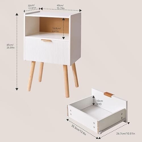 Aibiju Nightstand with Storage Drawer, Modern Bedside Table with Liner Drawer and Solid Wood Legs, Small End Table with 2-Tier Storage, White YD-TM061W thumbnail 3