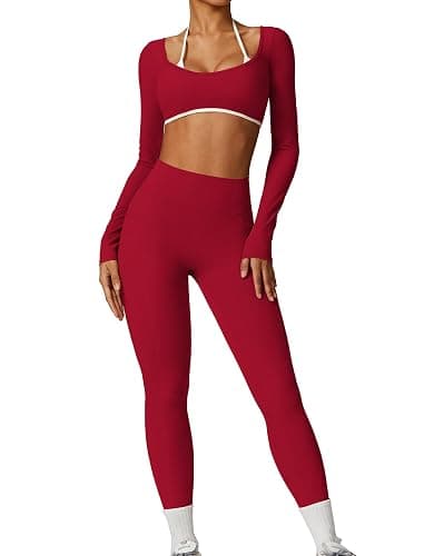 Workout Sets for Women 2 Piece Outfits Seamless High Waist Leggings Yoga Long Sleeve Crop Tops Athletic Gym Sets - Image 1